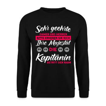Die Kapitänin Betritt Den Raum Bootsbesitzer - Unisex Pullover - Schwarz - Vorne - Alina (178cm) & Michal (187cm)