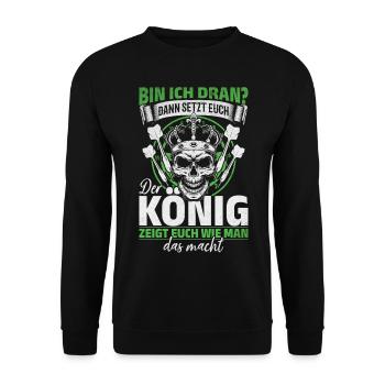 Der König zeigt euch wie man das macht - Dart - Unisex Pullover - Schwarz - Vorne - Alina (178cm) & Michal (187cm)