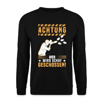 Fotografie Achtung Hier wird Schaf geschossen - - Unisex Pullover - Schwarz - Vorne - Alina (178cm) & Michal (187cm)