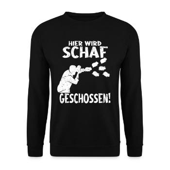 Fotografie Hier wird Schaf geschossen - Lustiger - Unisex Pullover - Schwarz - Vorne - Alina (178cm) & Michal (187cm)