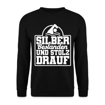 Silber Schwimmer Prüfung Silber Schwimmabzeichen - Unisex Pullover - Schwarz - Vorne - Alina (178cm) & Michal (187cm)