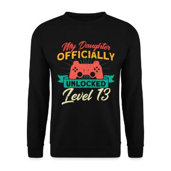 Meine Tochter Unlocked LVL Familie - Unisex Pullover - Schwarz - Vorne - Alina (178cm) & Michal (187cm)