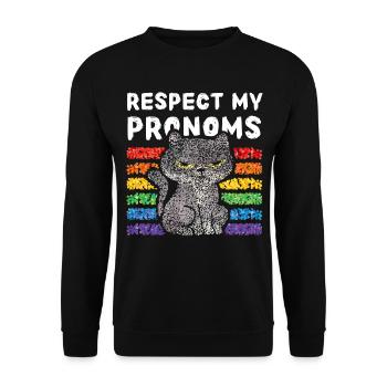 Respect my pronoms Regenbogen Lgbtq Pride Katzen - Unisex Pullover - Schwarz - Vorne - Alina (178cm) & Michal (187cm)