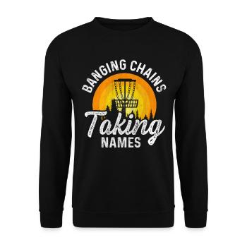 Retro Sunset Banging Chains prend des noms Disc Golf - Sweat-shirt Unisexe - noir - Devant - Alina (178cm) & Michal (187cm)