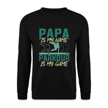 Parkour Papa Run Jump Flip Freerunning Acrobatics - Unisex Sweatshirt - black - Front - Alina (178cm) & Michal (187cm)