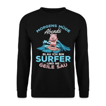 Wassersport Surfer - Morgens müde Abends blau ich - Unisex Pullover - Schwarz - Vorne - Alina (178cm) & Michal (187cm)