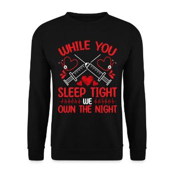 Infirmière aux urgences Trois quarts de nuit consécutifs Salle d’urgence - Sweat-shirt Unisexe - noir - Devant - Alina (178cm) & Michal (187cm)