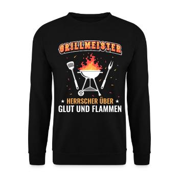 Grillmeister Herrscher über Glut und Flammen - Unisex Pullover - Schwarz - Vorne - Alina (178cm) & Michal (187cm)