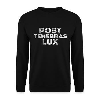 Post-tenebras Lux Lateinisches Lateinisches Zitat - Unisex Pullover - Schwarz - Vorne - Alina (178cm) & Michal (187cm)