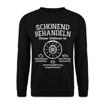 Oldtimer Ist 80 Schonend Behandeln 80. Geburtstag - Unisex Pullover - Schwarz - Vorne - Alina (178cm) & Michal (187cm)