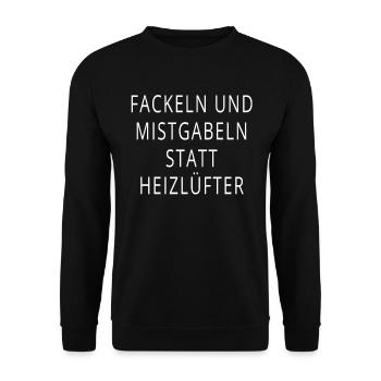 Fackeln und Mistgabel statt Heizlüfter - Unisex Pullover - Schwarz - Vorne - Alina (178cm) & Michal (187cm)