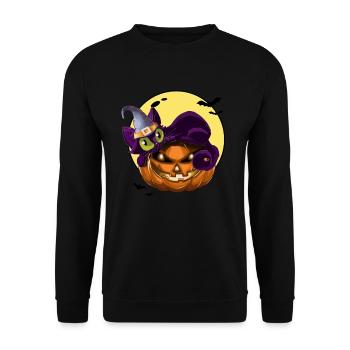 Kürbis und Katze Lustiges Halloween - Unisex Pullover - Schwarz - Vorne - Alina (178cm) & Michal (187cm)