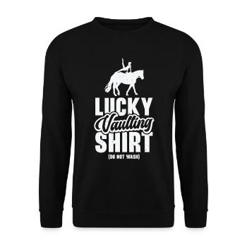 Pferdesport Voltigieren Funny Lucky Riding Reiten - Unisex Pullover - Schwarz - Vorne - Alina (178cm) & Michal (187cm)