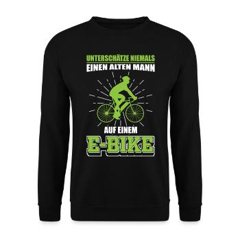 E Bikes | Altes Männer E-Bike Geschenk - Unisex Pullover - Schwarz - Vorne - Alina (178cm) & Michal (187cm)