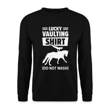 Pferdesport Voltigieren Funny Lucky Riding Reiten - Unisex Pullover - Schwarz - Vorne - Alina (178cm) & Michal (187cm)