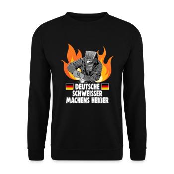 Schweißerin Spruch Design für Metallbauer - Unisex Pullover - Schwarz - Vorne - Alina (178cm) & Michal (187cm)