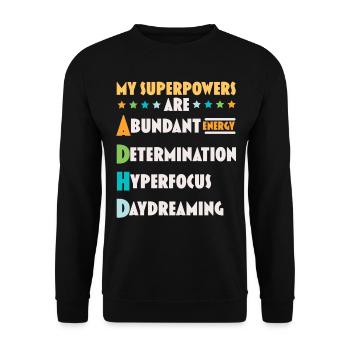 Meine Superkräfte sind ADHS Anders denken - Unisex Pullover - Schwarz - Vorne - Alina (178cm) & Michal (187cm)