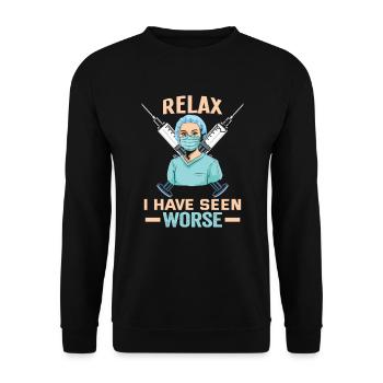 Pflegerin Relax I have seen worse Krankenschwester - Unisex Pullover - Schwarz - Vorne - Alina (178cm) & Michal (187cm)