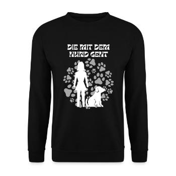 DIE MIT DEM HUND GEHT GASSI HUNDE SPRUCH GESCHENK - Unisex Pullover - Schwarz - Vorne - Alina (178cm) & Michal (187cm)