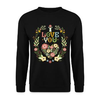 Blumenherz, I-Love-You, Typografie, Valentinstag - Unisex Pullover - Schwarz - Vorne - Alina (178cm) & Michal (187cm)