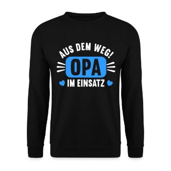 Aus dem Weg. Opa im Einsatz. - Unisex Pullover - Schwarz - Vorne - Alina (178cm) & Michal (187cm)