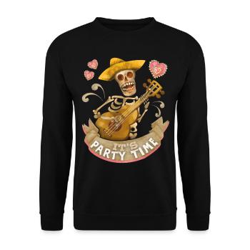 Skelett Gitarre, It's-Party-Time lustiger Spruch - Unisex Pullover - Schwarz - Vorne - Alina (178cm) & Michal (187cm)
