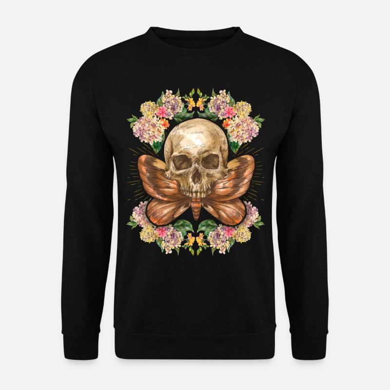 Totenkopf Schädel Skull mit Nachtfalter Hortensien - Unisex Pullover - Schwarz