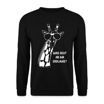 Was Geht Ab Ihr Erdlinge? Lustige Giraffe - Unisex Pullover - Schwarz - Vorne - Alina (178cm) & Michal (187cm)