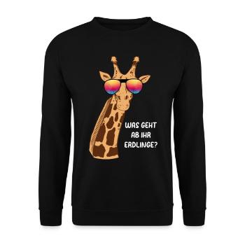 Giraffe Was Geht Ab Ihr Erdlinge? Lustige Giraffe - Unisex Pullover - Schwarz - Vorne - Alina (178cm) & Michal (187cm)