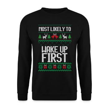 Le plus susceptible de se réveiller la première chemise de Noël laide - Sweat-shirt Unisexe - noir - Devant - Alina (178cm) & Michal (187cm)