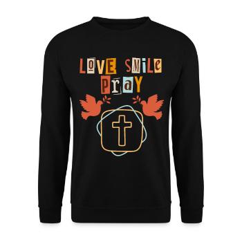 Jesus Christus Spruch mit Friedenstauben - Unisex Pullover - Schwarz - Vorne - Alina (178cm) & Michal (187cm)