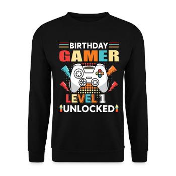 Birthday Gamer Level 1 Unlocked 1 Birthday - Unisex Sweatshirt - black - Front - Alina (178cm) & Michal (187cm)