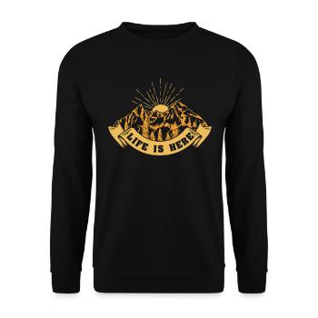 Das Leben ist hier Naturliebhaber Wandern Camping - Unisex Pullover - Schwarz - Vorne - Alina (178cm) & Michal (187cm)