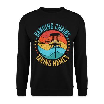 Retro Sunset Banging Chains prend des noms Disc Golf - Sweat-shirt Unisexe - noir - Devant - Alina (178cm) & Michal (187cm)