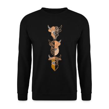 3 Highland Cattle Kuh mit Kuhmotiv - Unisex Pullover - Schwarz - Vorne - Alina (178cm) & Michal (187cm)