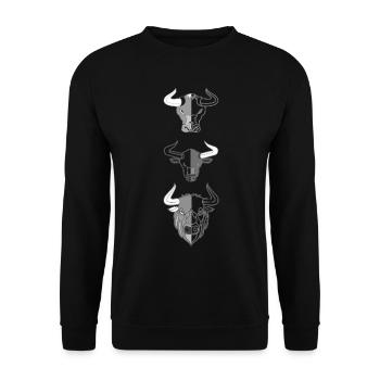 Landwirt Rind Tierkopf Motiv Aufdruck mit Stier - Unisex Pullover - Schwarz - Vorne - Alina (178cm) & Michal (187cm)
