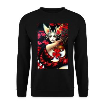 Kitsune Fuchsmaske und Kirschblüten - Unisex Pullover - Schwarz - Vorne - Alina (178cm) & Michal (187cm)