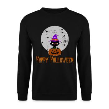 Happy Halloween Katze Kürbis Hexenhut - Unisex Pullover - Schwarz - Vorne - Alina (178cm) & Michal (187cm)