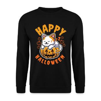 Happy Halloween Katze Kürbis Boo - Unisex Pullover - Schwarz - Vorne - Alina (178cm) & Michal (187cm)