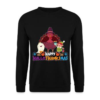 Happy Hello Thanksmas Halloween Thanksgiving Xmas - Unisex Sweatshirt - black - Front - Alina (178cm) & Michal (187cm)