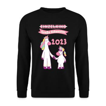 Schwester 2023 Einhorn Werdende Schwester - Unisex Pullover - Schwarz - Vorne - Alina (178cm) & Michal (187cm)