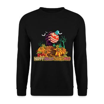 Happy Hello Thanksmas Halloween Thanksgiving Xmas - Unisex Sweatshirt - black - Front - Alina (178cm) & Michal (187cm)