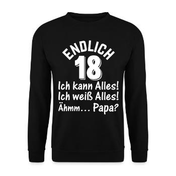 18 Jahre Volljährig 18. Geburtstag - Endlich 18 Ic - Unisex Pullover - Schwarz - Vorne - Alina (178cm) & Michal (187cm)