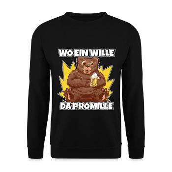 Lustiger Trinkspruch Wo ein Wille da Promille Bier - Unisex Pullover - Schwarz - Vorne - Alina (178cm) & Michal (187cm)