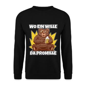 Lustiger Trinkspruch Wo ein Wille da Promille Bier - Unisex Pullover - Schwarz - Vorne - Alina (178cm) & Michal (187cm)