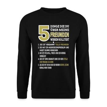 5 Dinge Die Du Über Meine Freundin Wissen Solltest - Unisex Pullover - Schwarz - Vorne - Alina (178cm) & Michal (187cm)