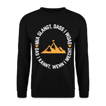 Bayerischer Dialekt Spruch Bavarian Berg Alpenherz - Unisex Pullover - Schwarz - Vorne - Alina (178cm) & Michal (187cm)