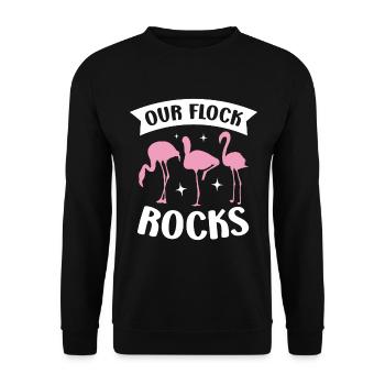 Unser Flock Rocks Flamingo Whisperer Watvogel - Unisex Pullover - Schwarz - Vorne - Alina (178cm) & Michal (187cm)