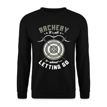 Bogenschießen Es Dreht Sich Alles Um Das Loslassen - Unisex Pullover - Schwarz - Vorne - Alina (178cm) & Michal (187cm)
