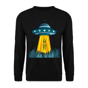 Weltraum Alien Raumschiff Katze Ufo Außerirdischer - Unisex Pullover - Schwarz - Vorne - Alina (178cm) & Michal (187cm)